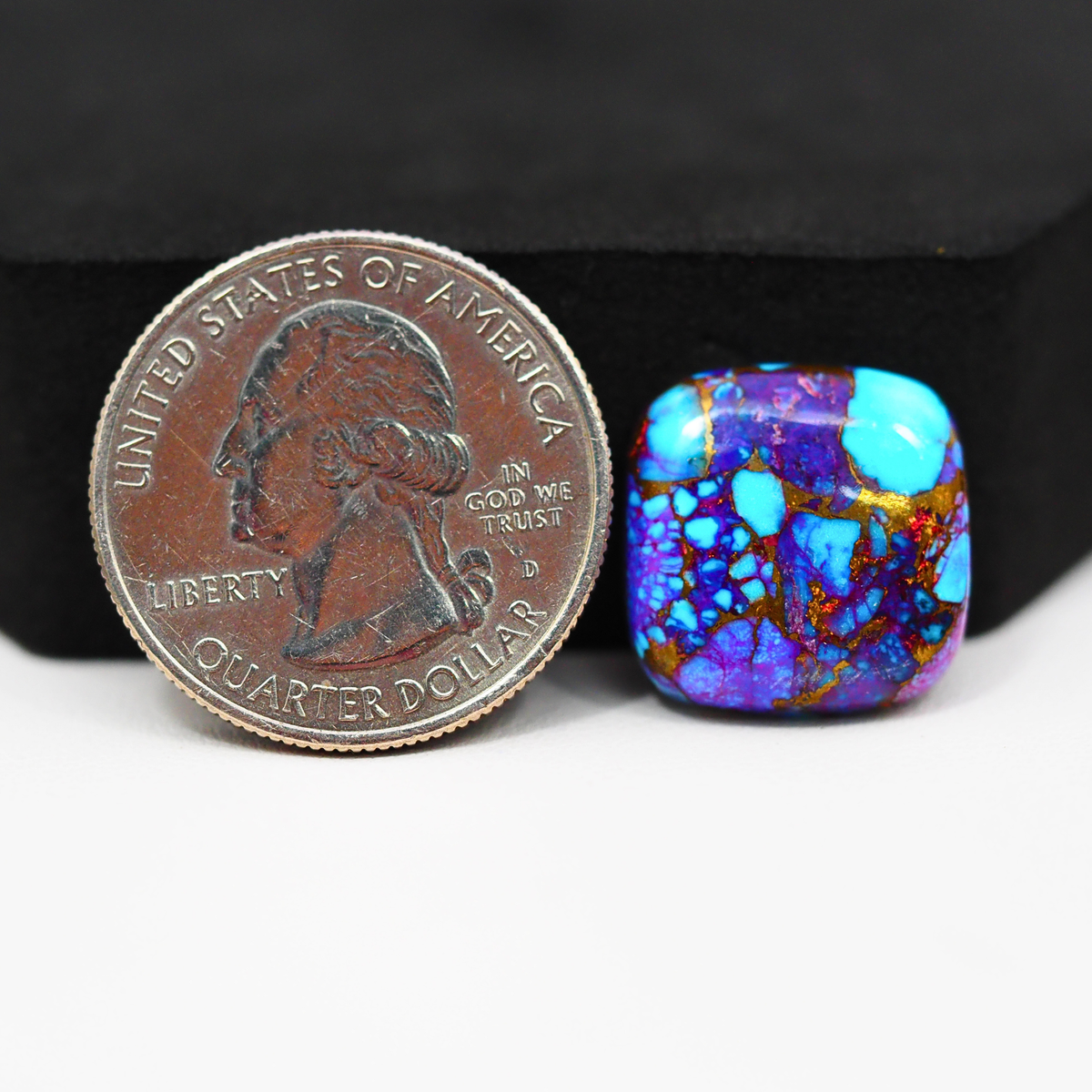 Stabilized Purple Mohave (Mojave) Turquoise Cushion Cabochon 16x16x4mm 12.5ct - purple with blue Kingman turquoise nuggets and bronze veining - Pedra Gems.