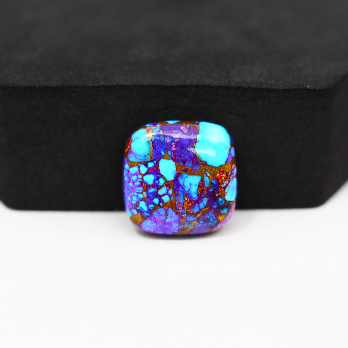 Stabilized Purple Mohave (Mojave) Turquoise Cushion Cabochon 16x16x4mm 12.5ct - purple with blue Kingman turquoise nuggets and bronze veining - Pedra Gems.