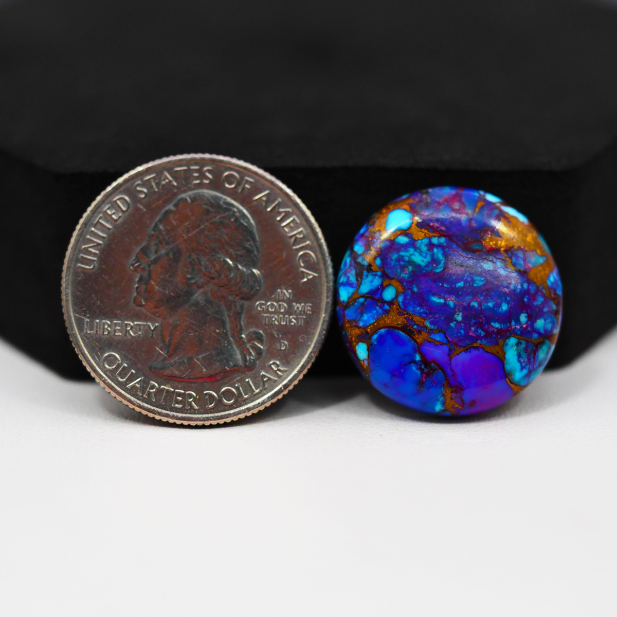Stabilized Purple Mohave (Mojave) Turquoise Round Cabochon 20x20x5mm 19ct - purple with blue Kingman turquoise nuggets and bronze veining - Pedra Gems.