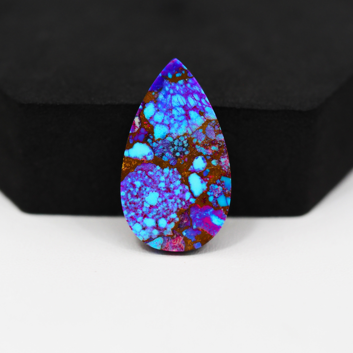 Stabilized Purple Mohave (Mojave) Turquoise Pear Cabochon 30x17x4mm 21.5ct - purple with blue Kingman turquoise nuggets and bronze veining - Pedra Gems.
