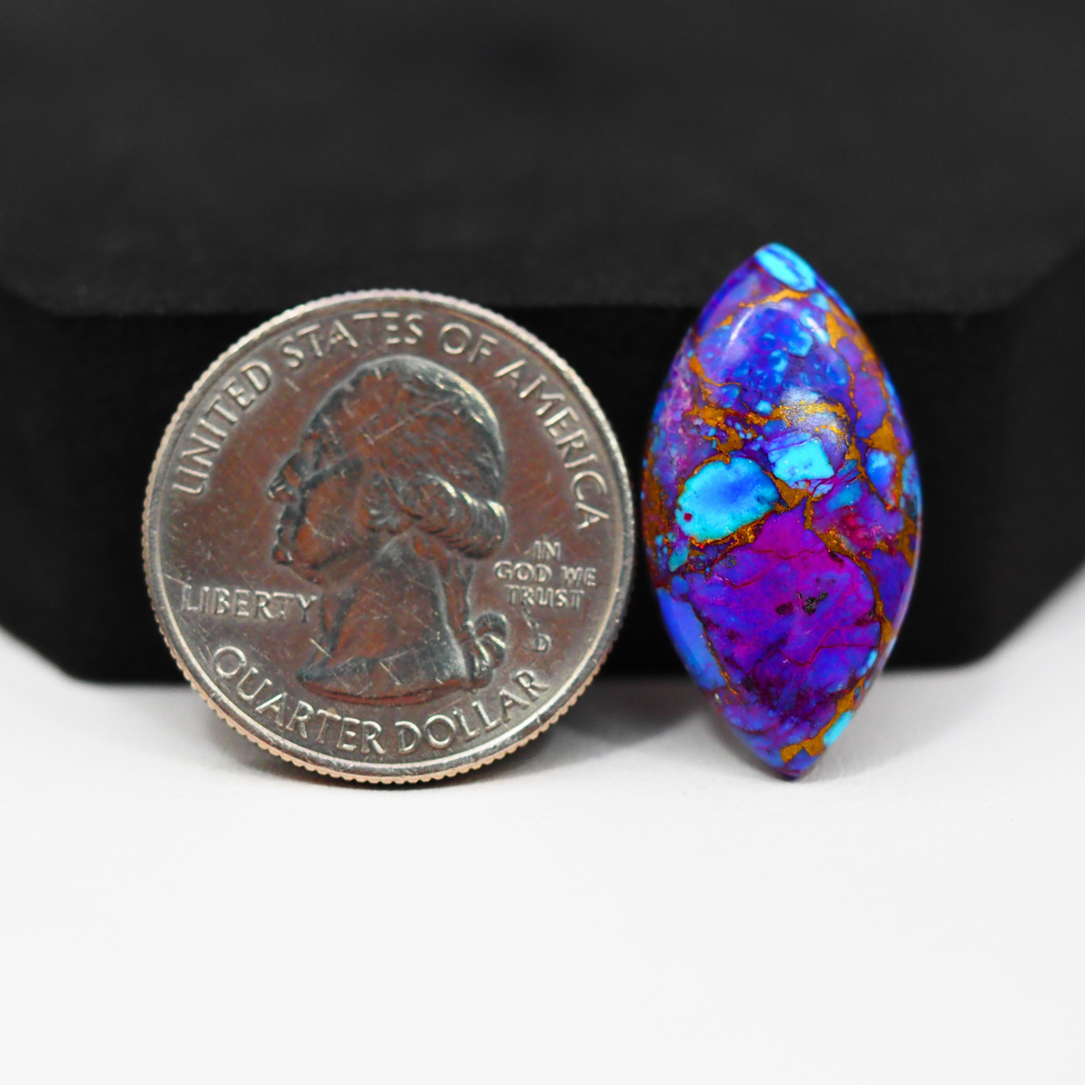 Stabilized Purple Mohave (Mojave) Turquoise Marquise Cabochon 26x14x4mm 12ct - purple with blue Kingman turquoise nuggets and bronze veining - Pedra Gems.