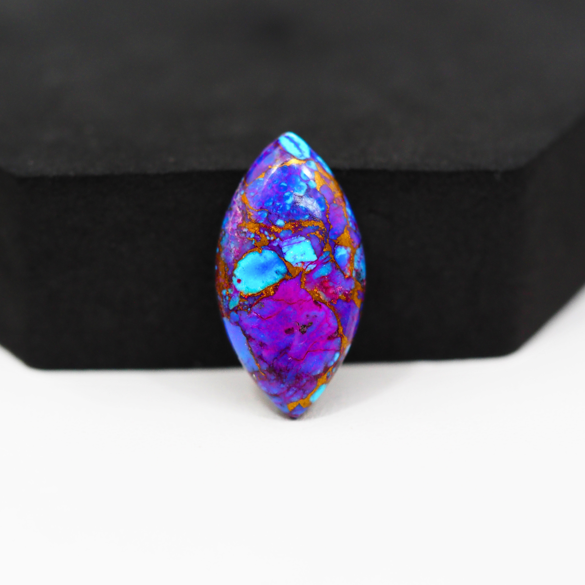 Stabilized Purple Mohave (Mojave) Turquoise Marquise Cabochon 26x14x4mm 12ct - purple with blue Kingman turquoise nuggets and bronze veining - Pedra Gems.
