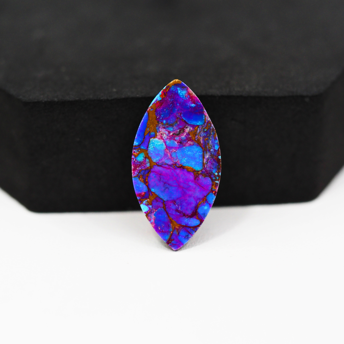 Stabilized Purple Mohave (Mojave) Turquoise Marquise Cabochon 26x14x4mm 12ct - purple with blue Kingman turquoise nuggets and bronze veining - Pedra Gems.