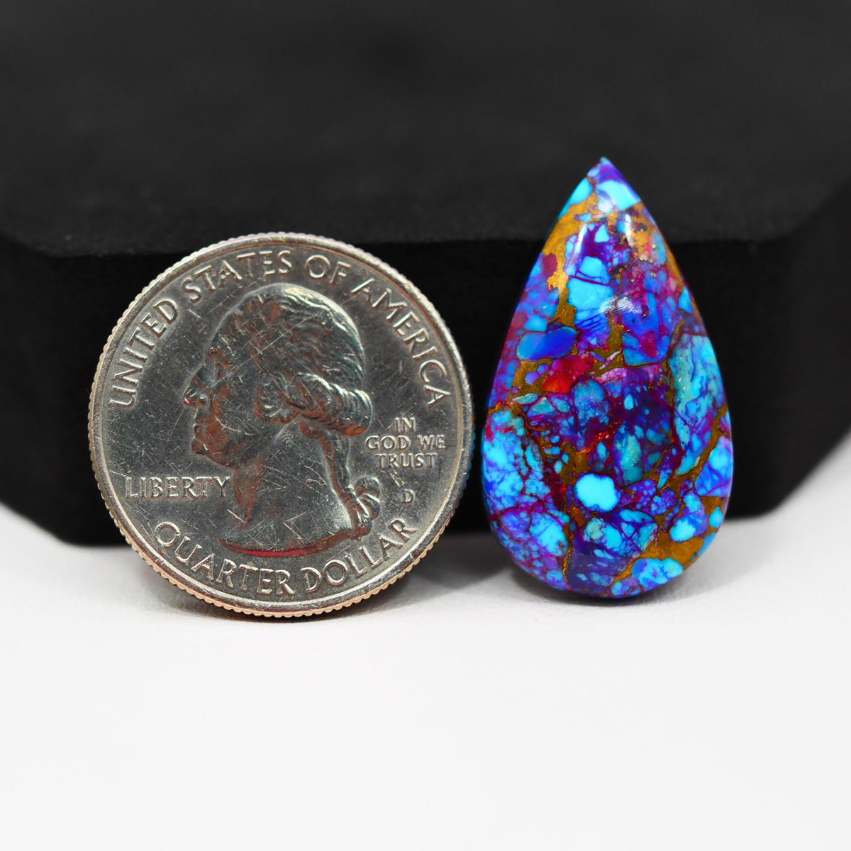 Stabilized Purple Mohave (Mojave) Turquoise Pear Cabochon 28x16x5mm 17.5ct - purple with blue Kingman turquoise nuggets and bronze veining - Pedra Gems.