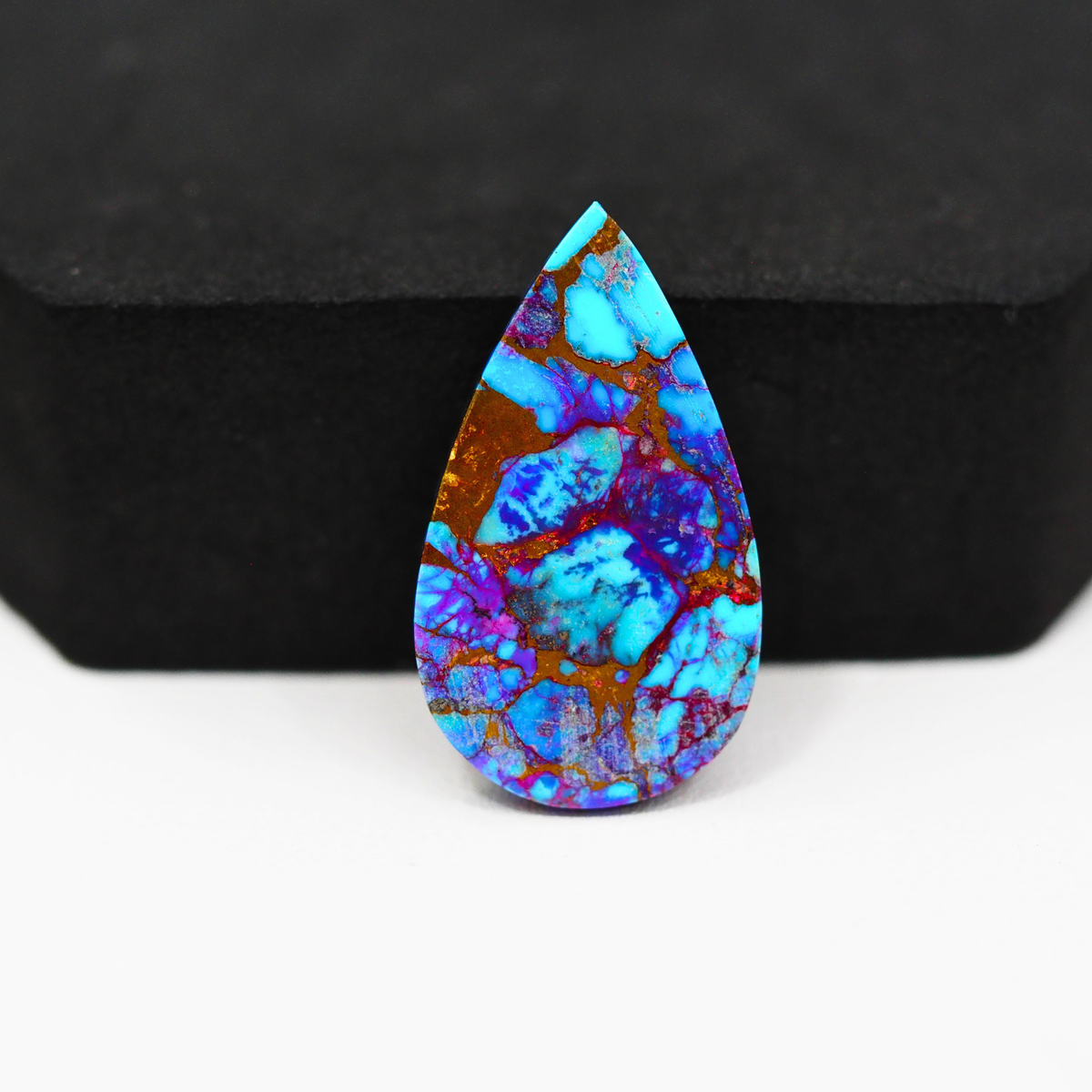Stabilized Purple Mohave (Mojave) Turquoise Pear Cabochon 28x16x5mm 17.5ct - purple with blue Kingman turquoise nuggets and bronze veining - Pedra Gems.