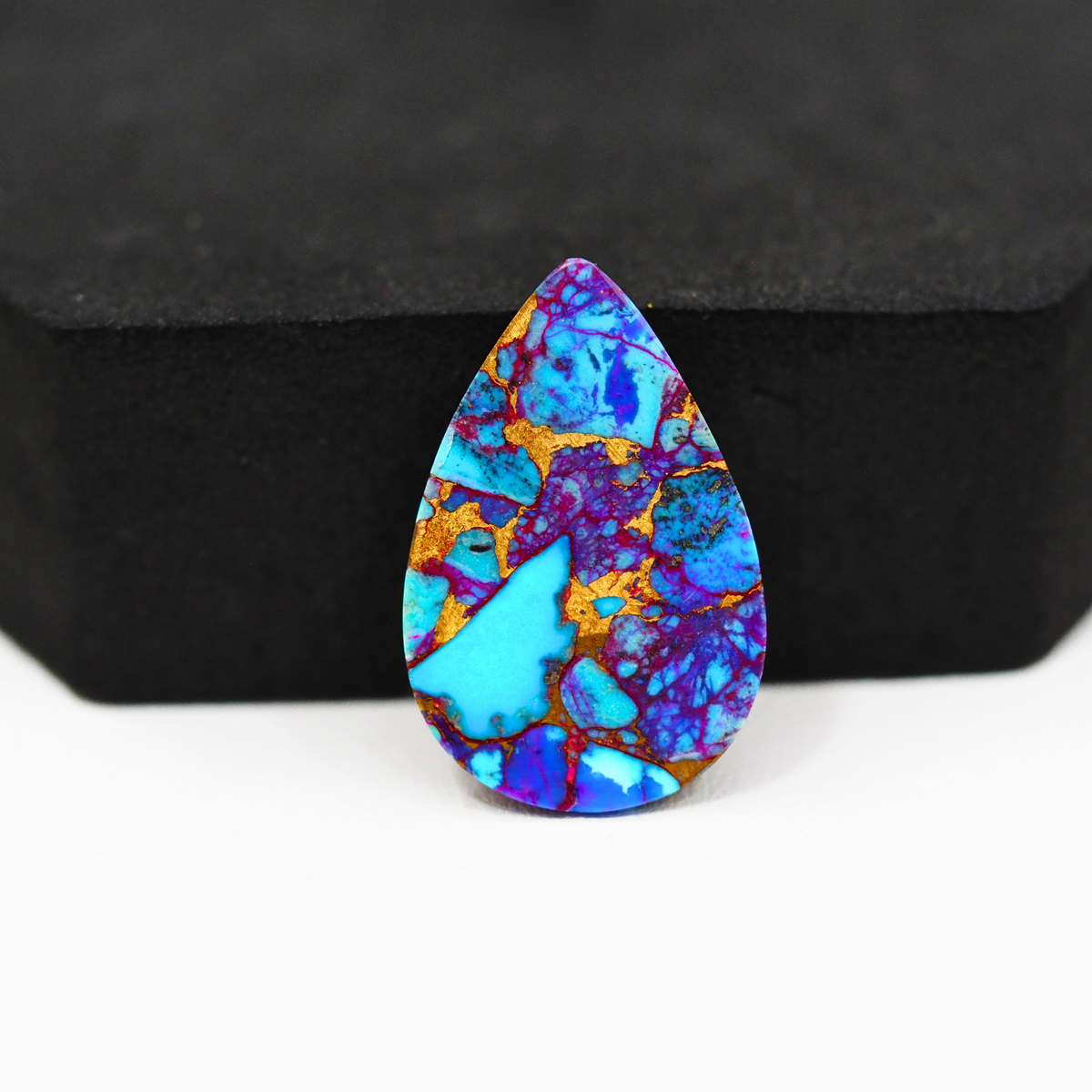 Stabilized Purple Mohave (Mojave) Turquoise Pear Cabochon 25x16x5mm 16ct - purple with blue Kingman turquoise nuggets and bronze veining - Pedra Gems.