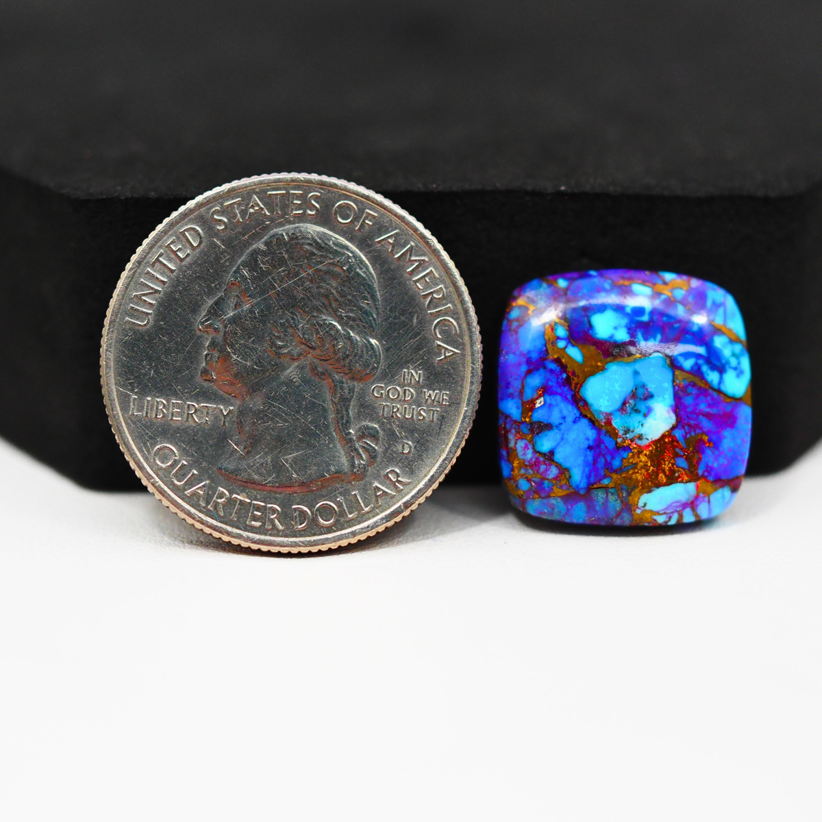 Stabilized Purple Mohave (Mojave) Turquoise Cushion Cabochon 16x16x4mm 12.5ct - purple with blue Kingman turquoise nuggets and bronze veining - Pedra Gems.