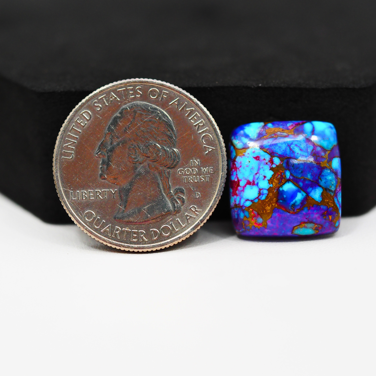 Stabilized Purple Mohave (Mojave) Turquoise Cushion Cabochon 16x16x5mm 13.5ct - purple with blue Kingman turquoise nuggets and bronze veining - Pedra Gems.