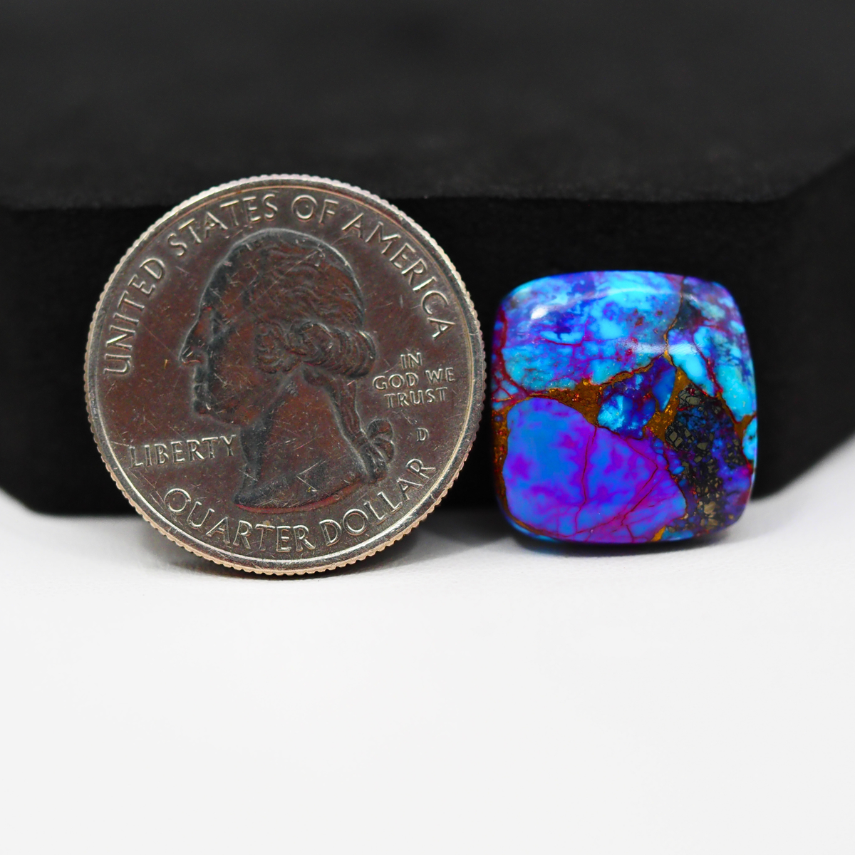 Stabilized Purple Mohave (Mojave) Turquoise Cushion Cabochon 16x16x5mm 13ct - purple with blue Kingman turquoise nuggets and bronze veining - Pedra Gems.