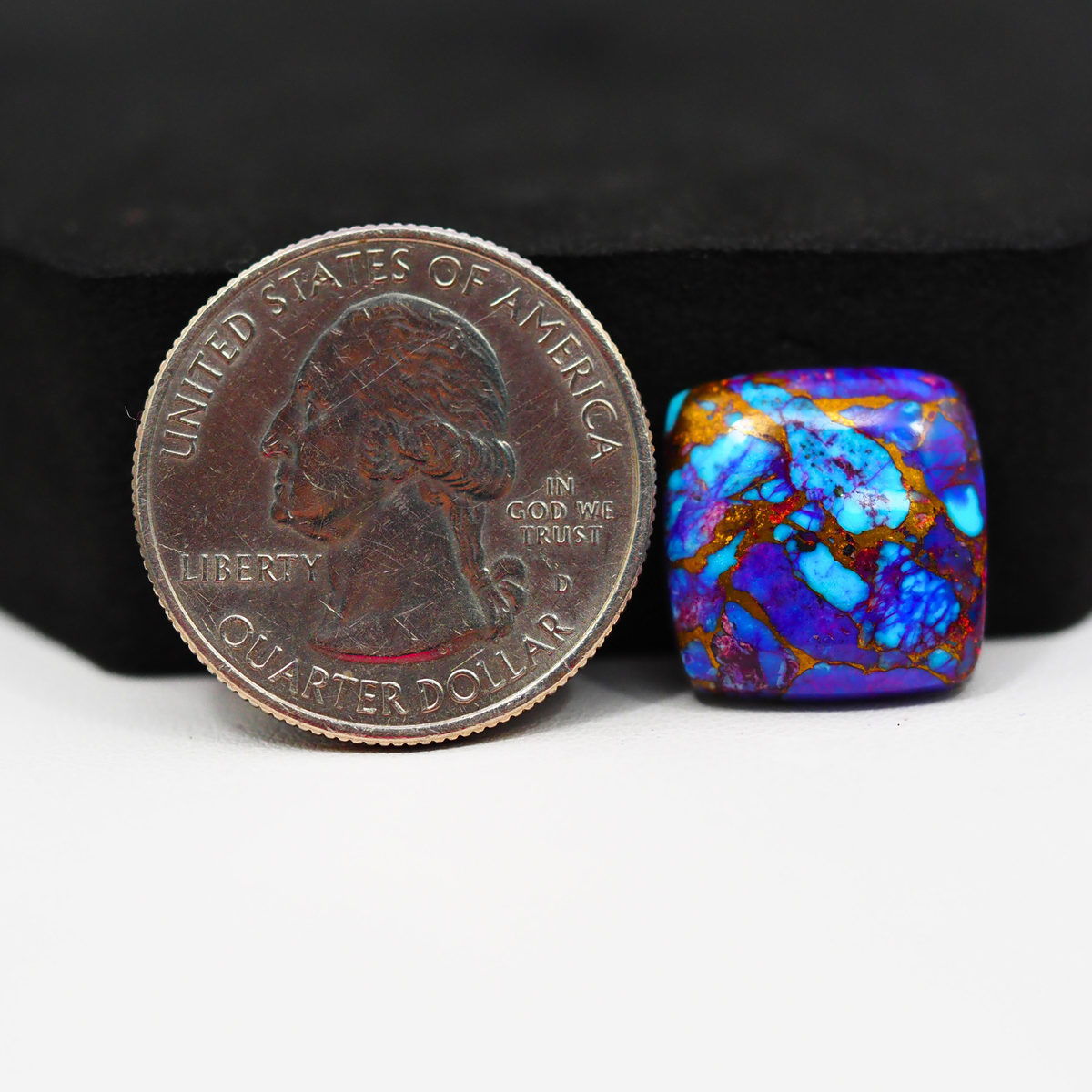 Stabilized Purple Mohave (Mojave) Turquoise Cushion Cabochon 15x15x4mm 11ct - purple with blue Kingman turquoise nuggets and bronze veining - Pedra Gems.
