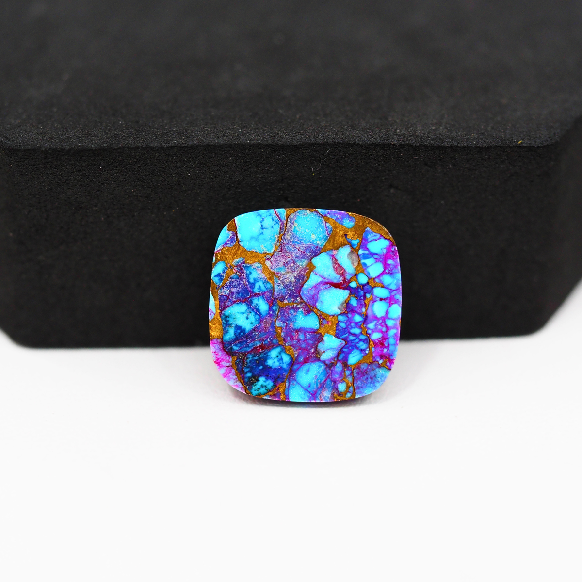 Stabilized Purple Mohave (Mojave) Turquoise Cushion Cabochon 16x16x4mm 12.5ct - purple with blue Kingman turquoise nuggets and bronze veining - Pedra Gems.
