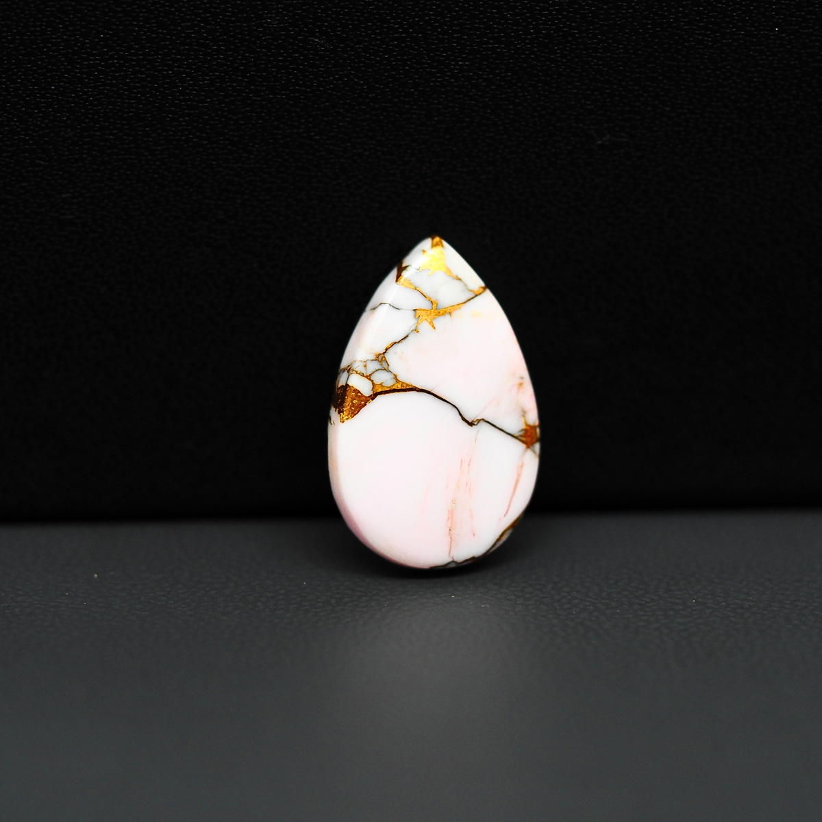 Stabilized Pink Dahlia Pear Cabochon 19x13x3mm 8.5ct - soft pink and white with bronze veining, Kingman Arizona - Pedra Gems.