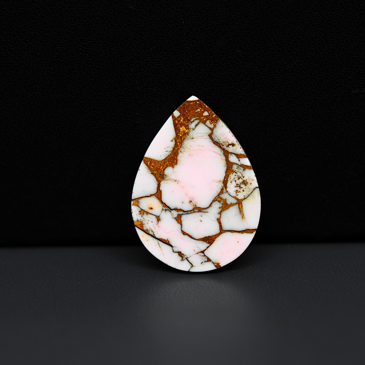Stabilized Pink Dahlia Pear Cabochon 26x20x4mm 17.5ct - soft pink and white with bronze veining, Kingman Arizona - Pedra Gems.