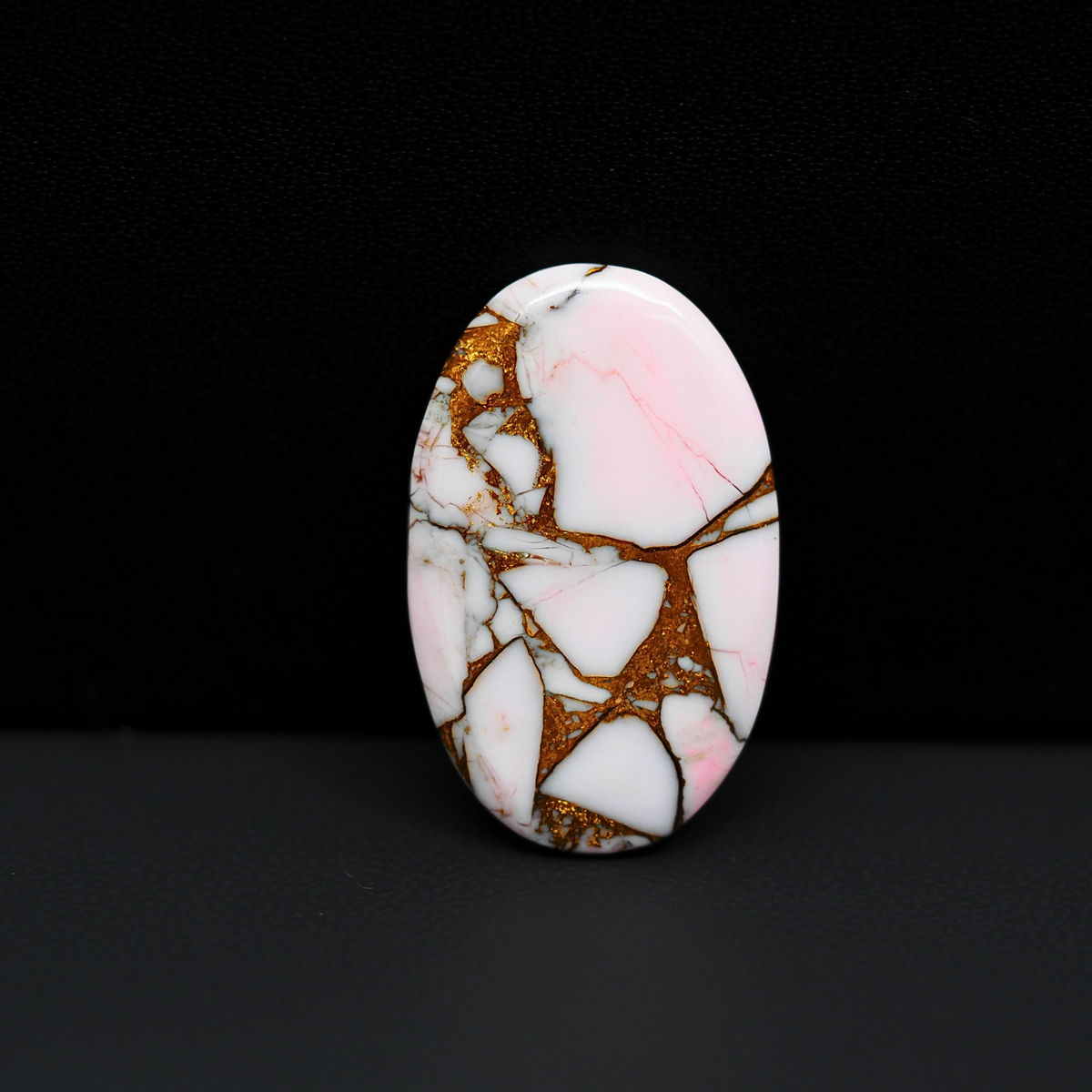 Stabilized Pink Dahlia Oval Cabochon 27x17x3mm 12.5ct - soft pink and white with bronze veining, Kingman Arizona - Pedra Gems.