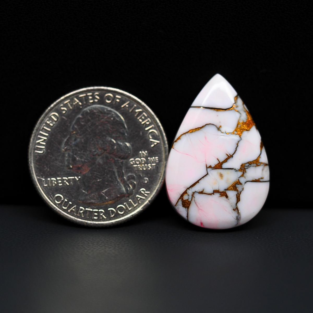 Stabilized Pink Dahlia Pear Cabochon 26x18x4mm 15ct - soft pink and white with bronze veining, Kingman Arizona - Pedra Gems.