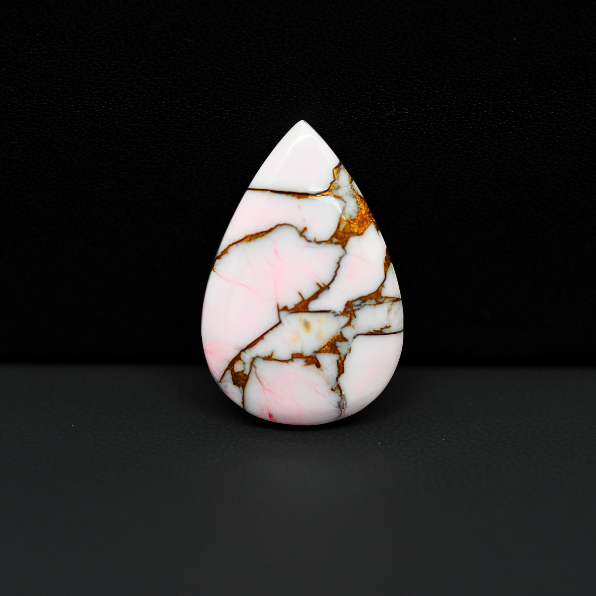 Stabilized Pink Dahlia Pear Cabochon 26x18x4mm 15ct - soft pink and white with bronze veining, Kingman Arizona - Pedra Gems.