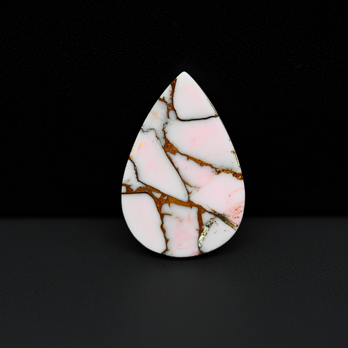 Stabilized Pink Dahlia Pear Cabochon 26x18x4mm 15ct - soft pink and white with bronze veining, Kingman Arizona - Pedra Gems.
