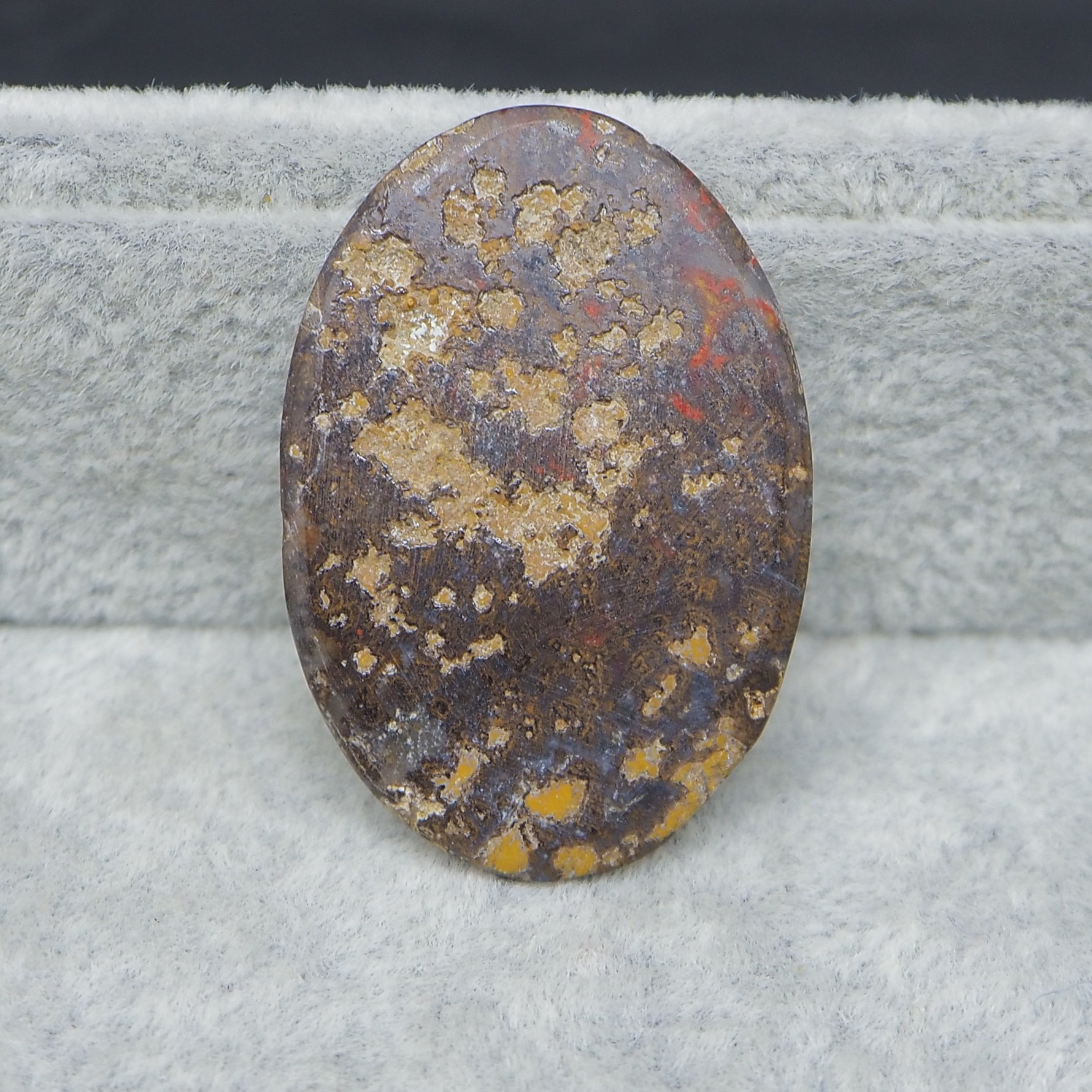 Oval-shaped stone with brown, yellow, and red speckles on a gray surface