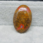 Oval-shaped multicolored stone on a textured gray background