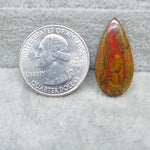 Teardrop-shaped amber stone next to a U.S. quarter dollar on a gray surface