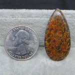 Teardrop-shaped Seam Agate stone next to a U.S. quarter dollar on a gray surface