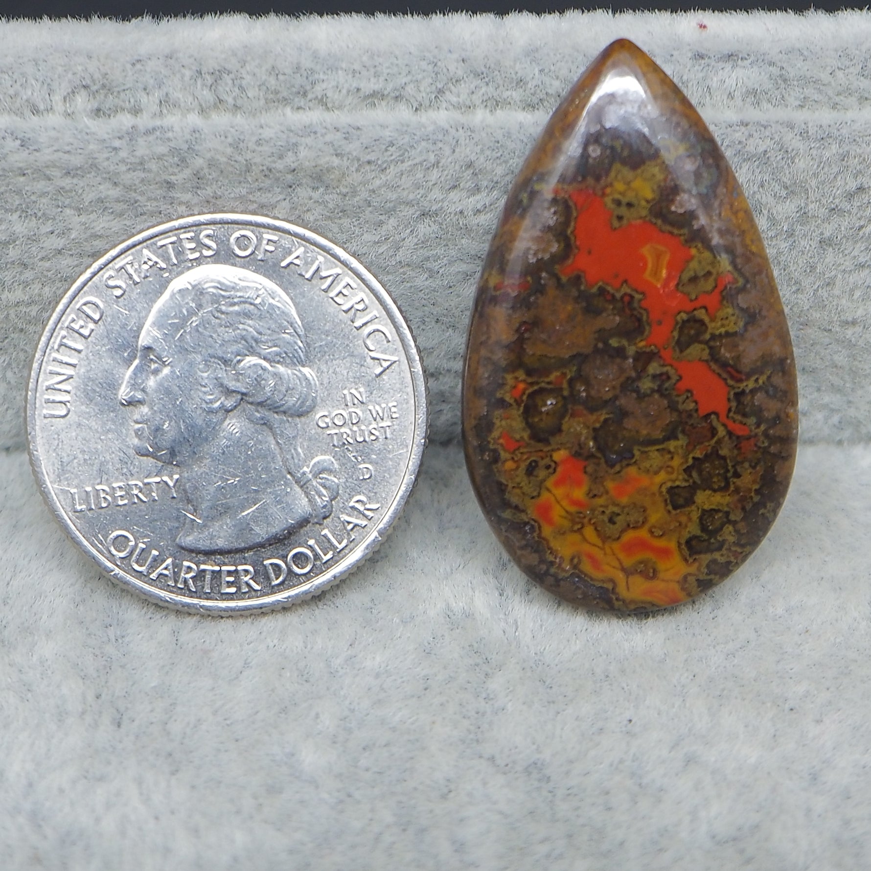 Teardrop-shaped stone with red and brown patterns next to a U.S. quarter dollar coin on a gray background