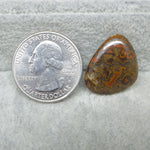 United States quarter dollar coin next to a brown and red patterned stone on a gray surface