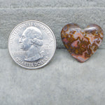 Heart-shaped opal stone next to a U.S. quarter dollar coin on a gray surface