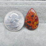 Teardrop-shaped colorful stone next to a U.S. quarter dollar on a gray surface