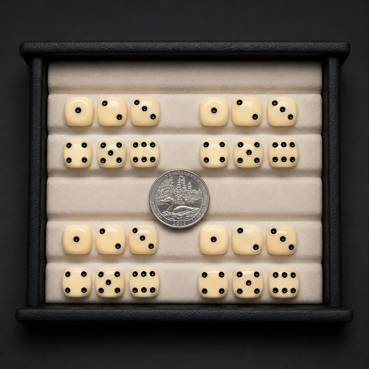 Set of dice with a quarter coin for size comparison on a dark background