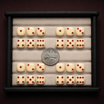Set of dice with red dots in a display case, showing a coin for scale.