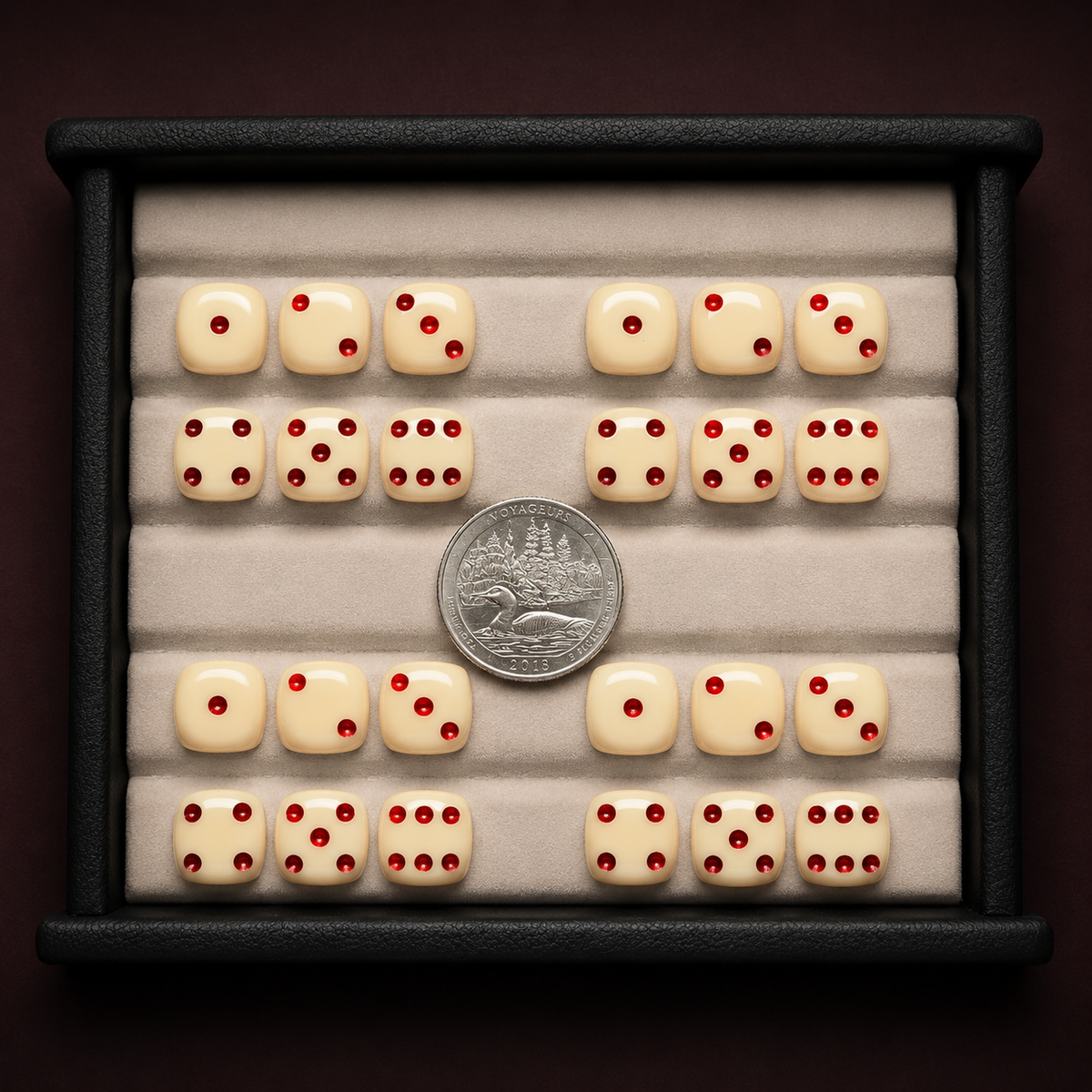 Set of dice with red dots in a display case, showing a coin for scale.