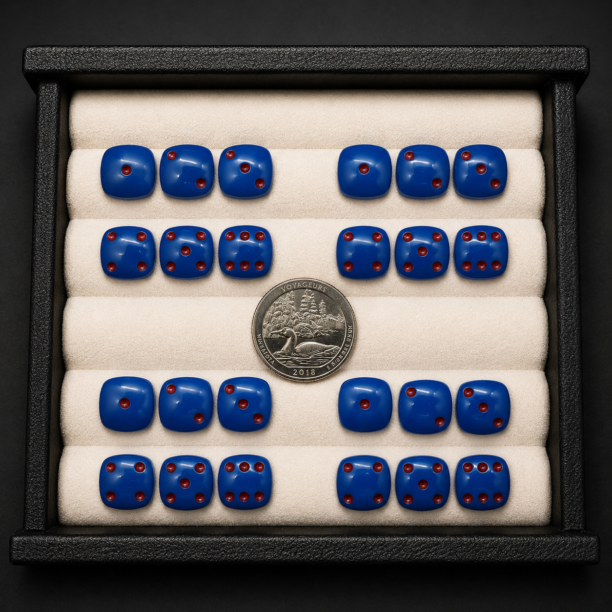 Set of blue dice with red pips in a display case, accompanied by a silver coin.