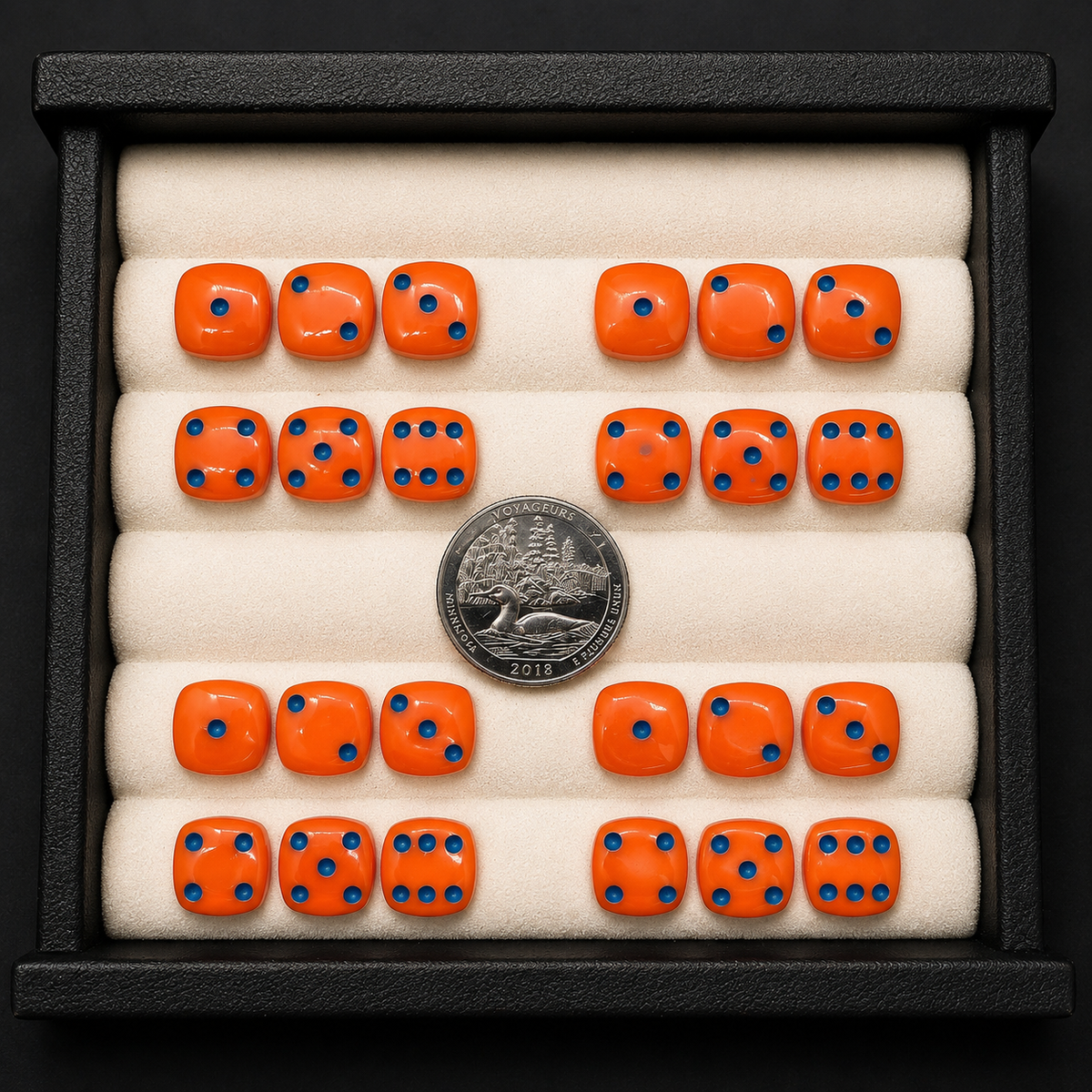 Set of orange dice with blue pips in a display case, showing size comparison with a quarter.
