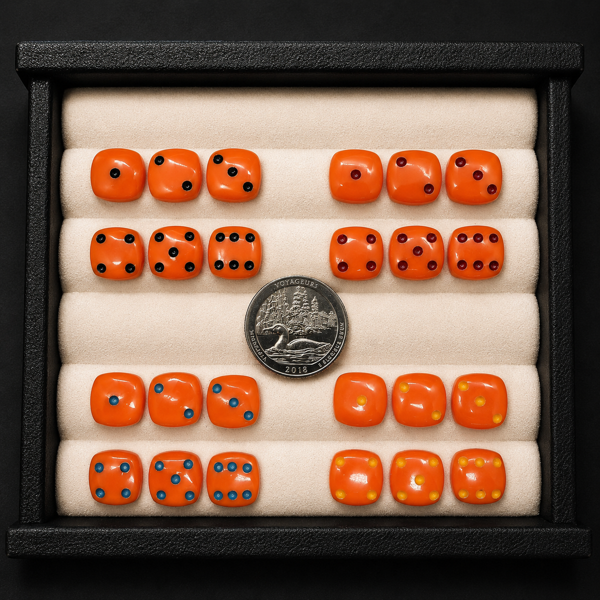 Set of orange dice with black, blue, and yellow pips in a display case with a coin.