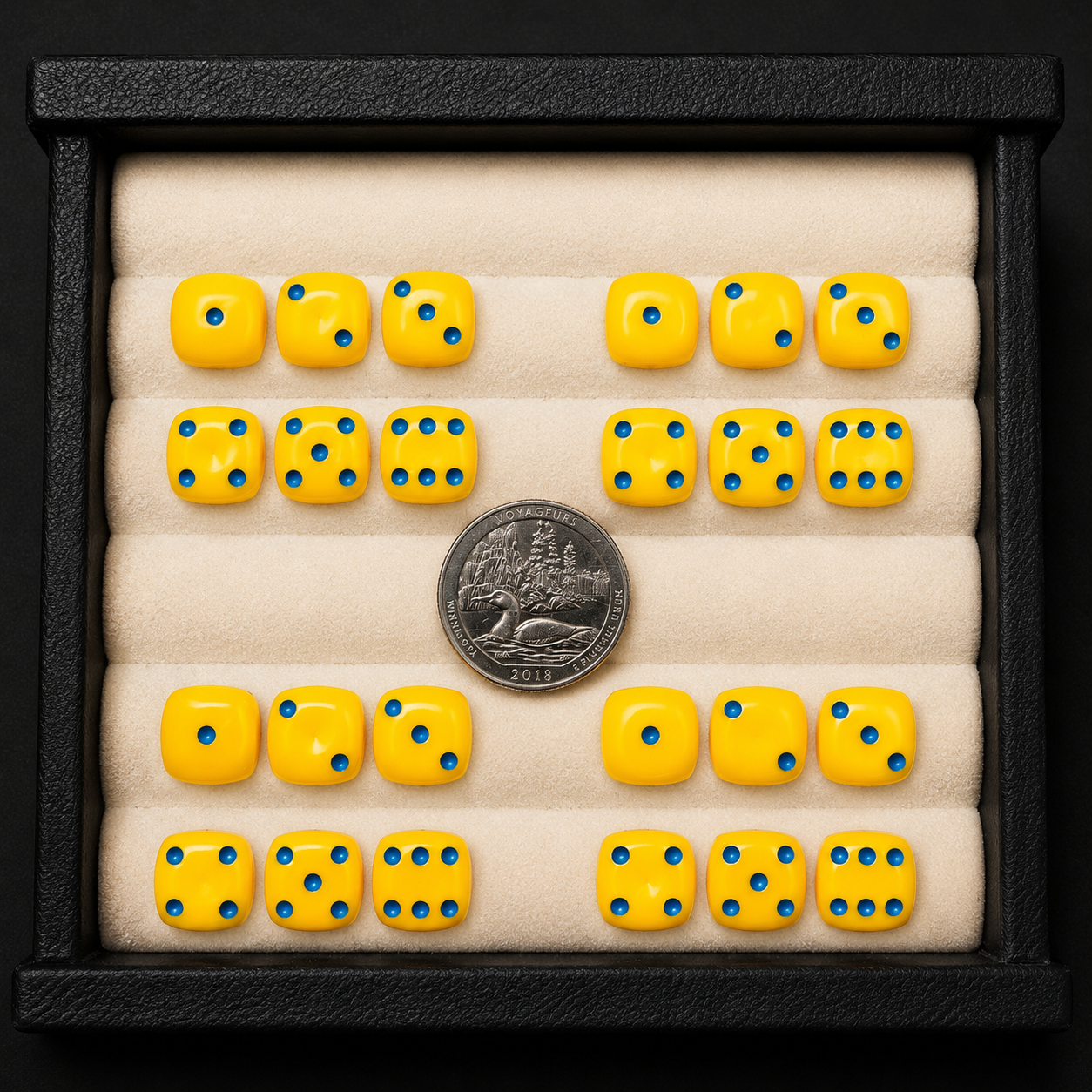 Yellow dice with blue dots arranged in a grid on a black border with a coin for scale.