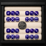 Set of blue dice with white pips in a display case, accompanied by a coin for scale.