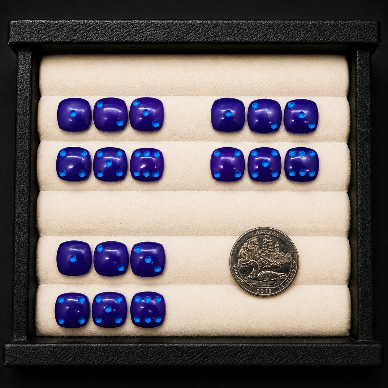Purple dice cabochon set 12mm flat back cushion shape with coin for scale