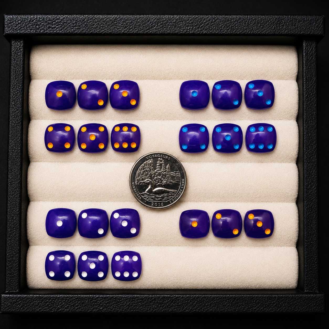 Purple billiard ball dice cabochon set 6 pcs 12mm yellow pips with coin for scale