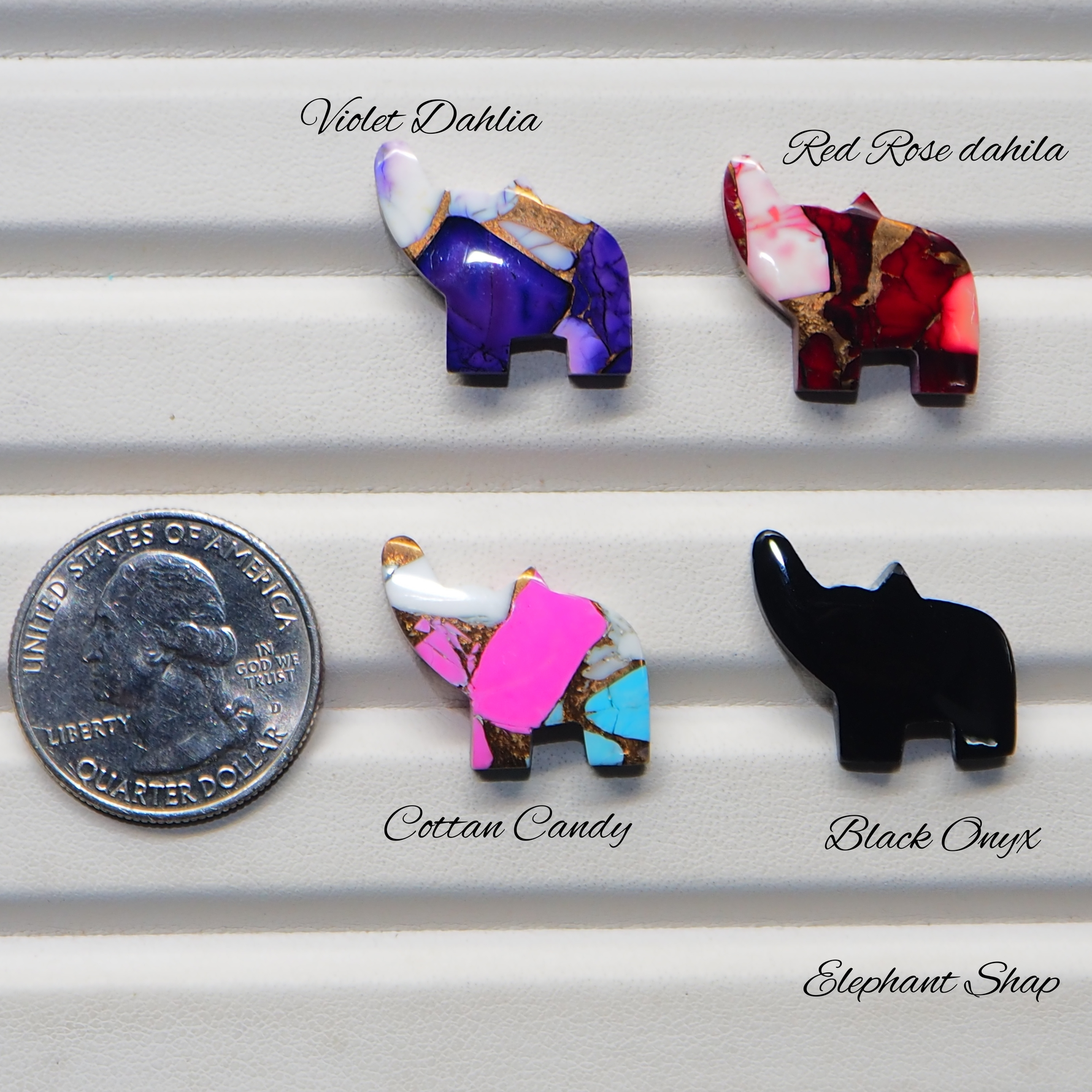 Elephant shape cabochon collection 4 variants Violet Dahlia Red Rose Cotton Candy Black Onyx US quarter size reference Pedra Gems