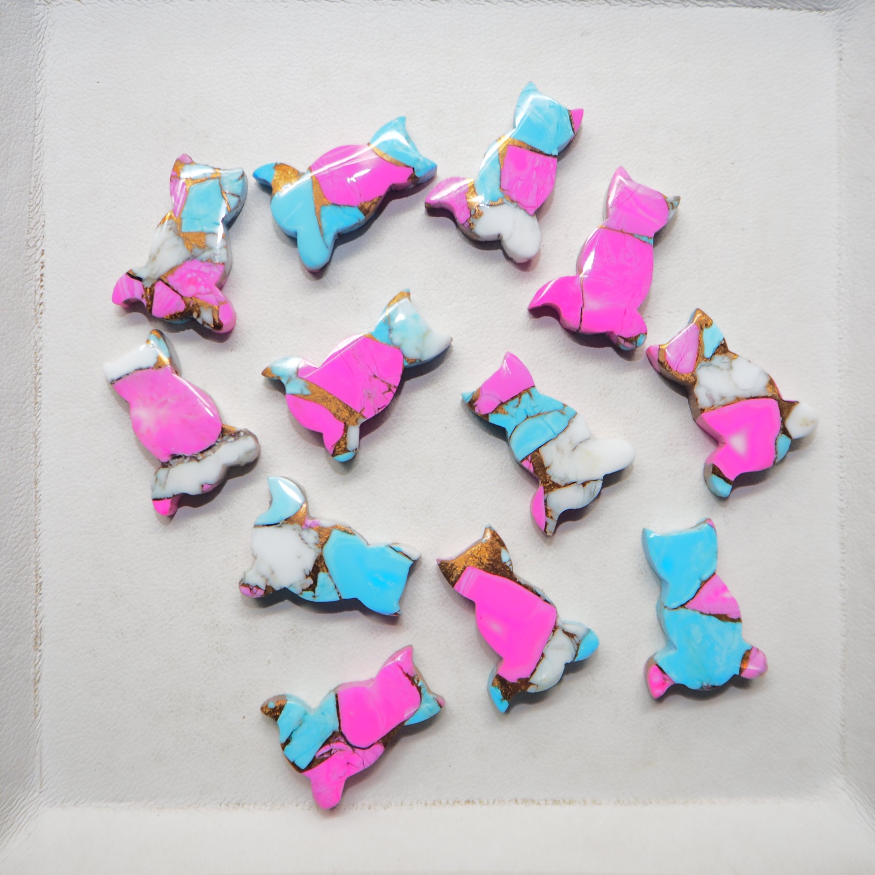 Colorful cat-shaped cookies on a white tray