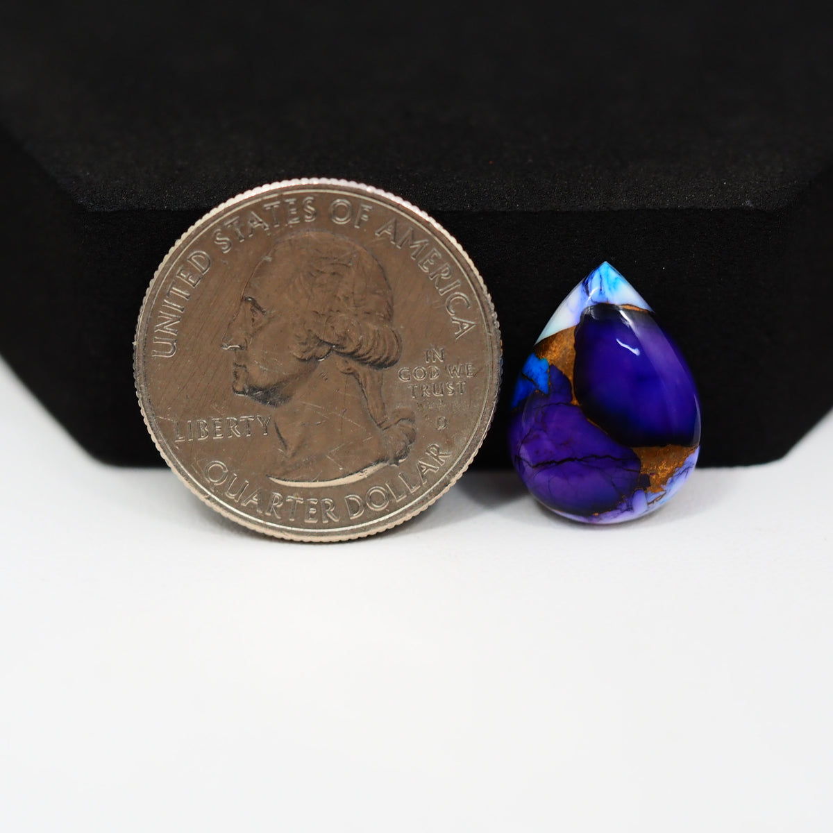 Purple Ice Rose Dahlia pear cabochon 17x13mm 6.5ct front view deep purple sky blue white accents Pedra Gems