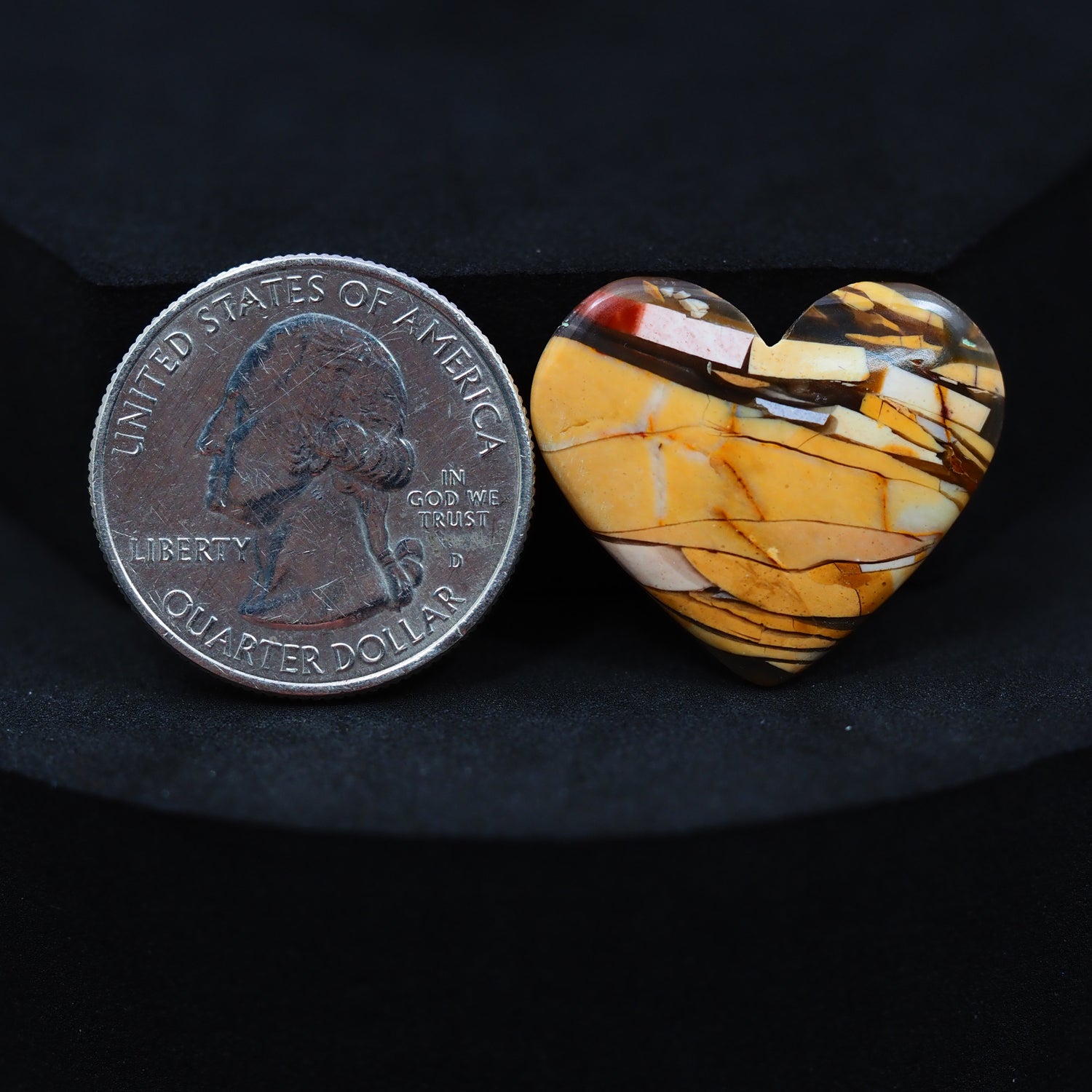 Natural Brecciated Mookaite jasper cabochon 22x26mm heart front view golden brown cream brecciation Pedra Gems
