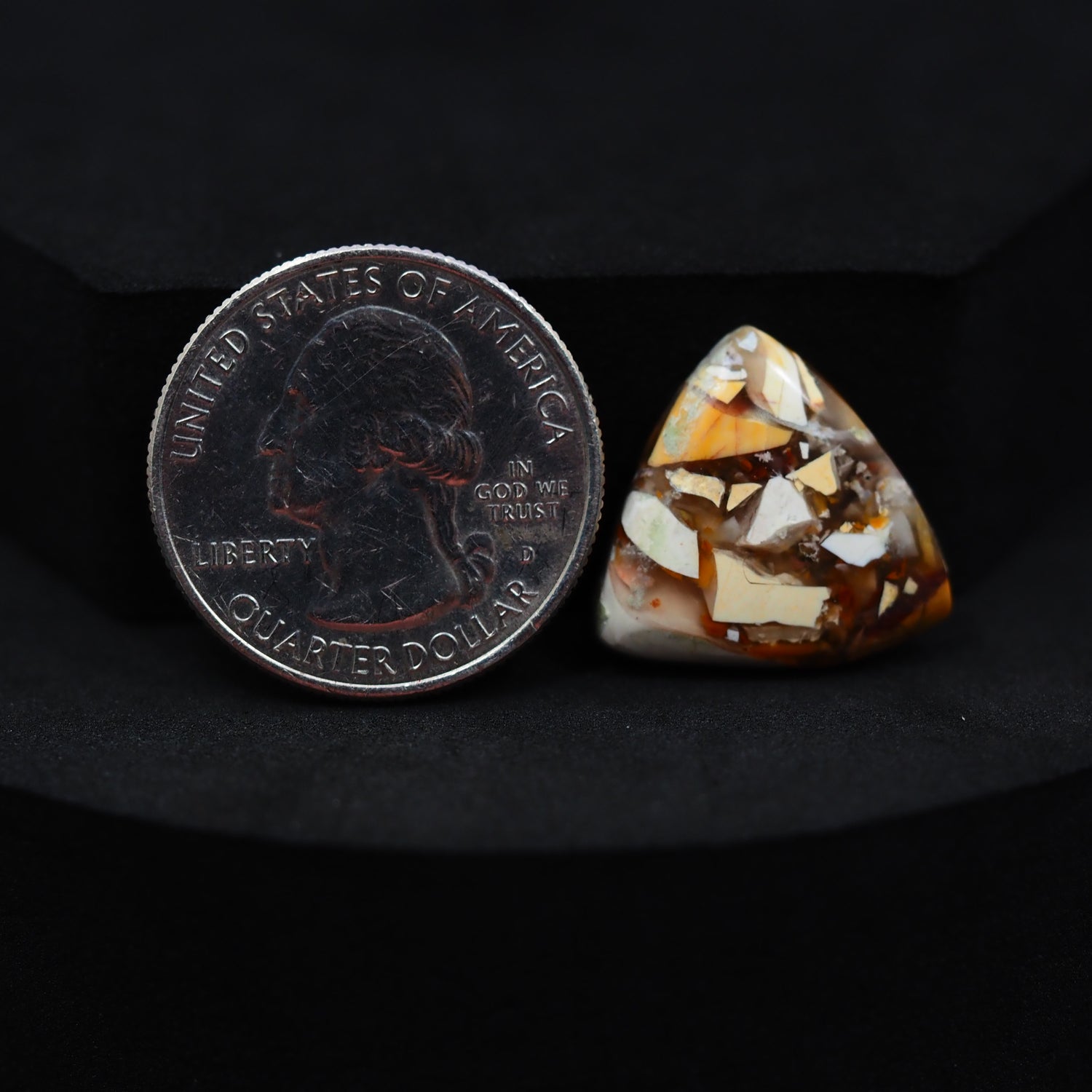 Natural Brecciated Mookaite jasper cabochon 19x19mm trillion front view golden brown cream brecciation Pedra Gems