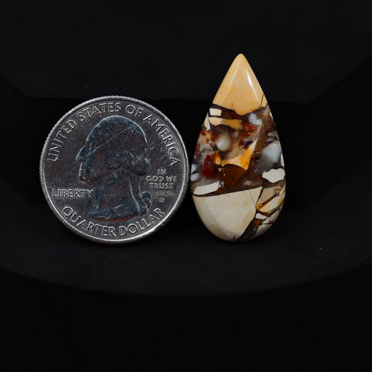 Natural Brecciated Mookaite jasper cabochon 30x16mm pear front view golden brown cream brecciation Pedra Gems