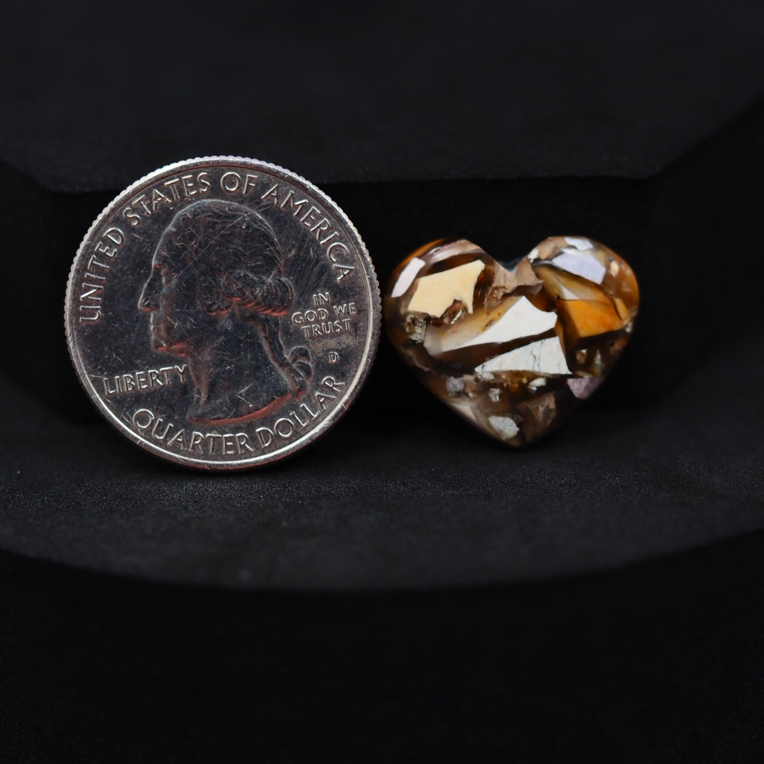 Natural Brecciated Mookaite jasper cabochon 16x20mm heart front view golden brown cream brecciation Pedra Gems