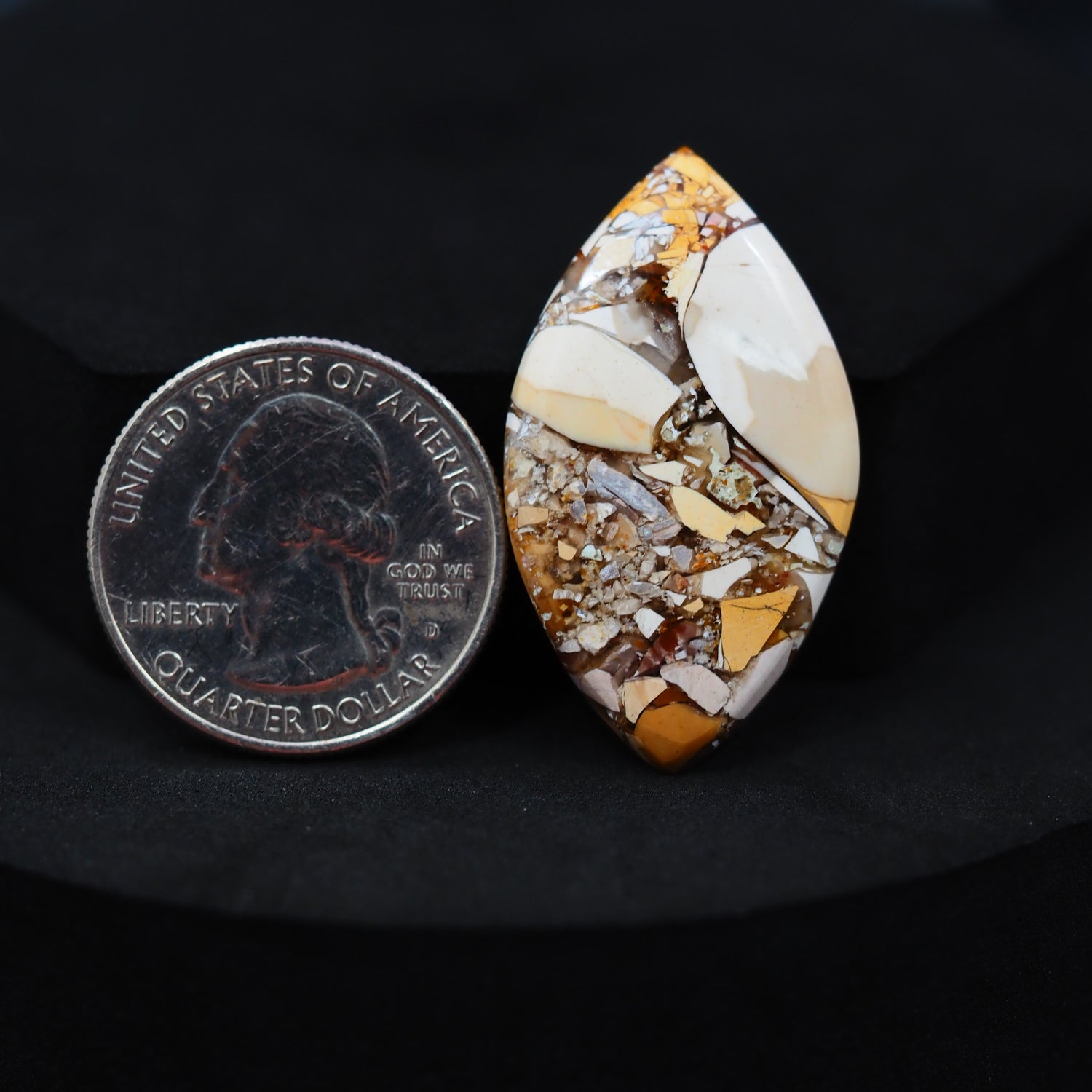 Natural Brecciated Mookaite jasper cabochon 36x21mm marquise navette front view golden brown cream brecciation Pedra Gems