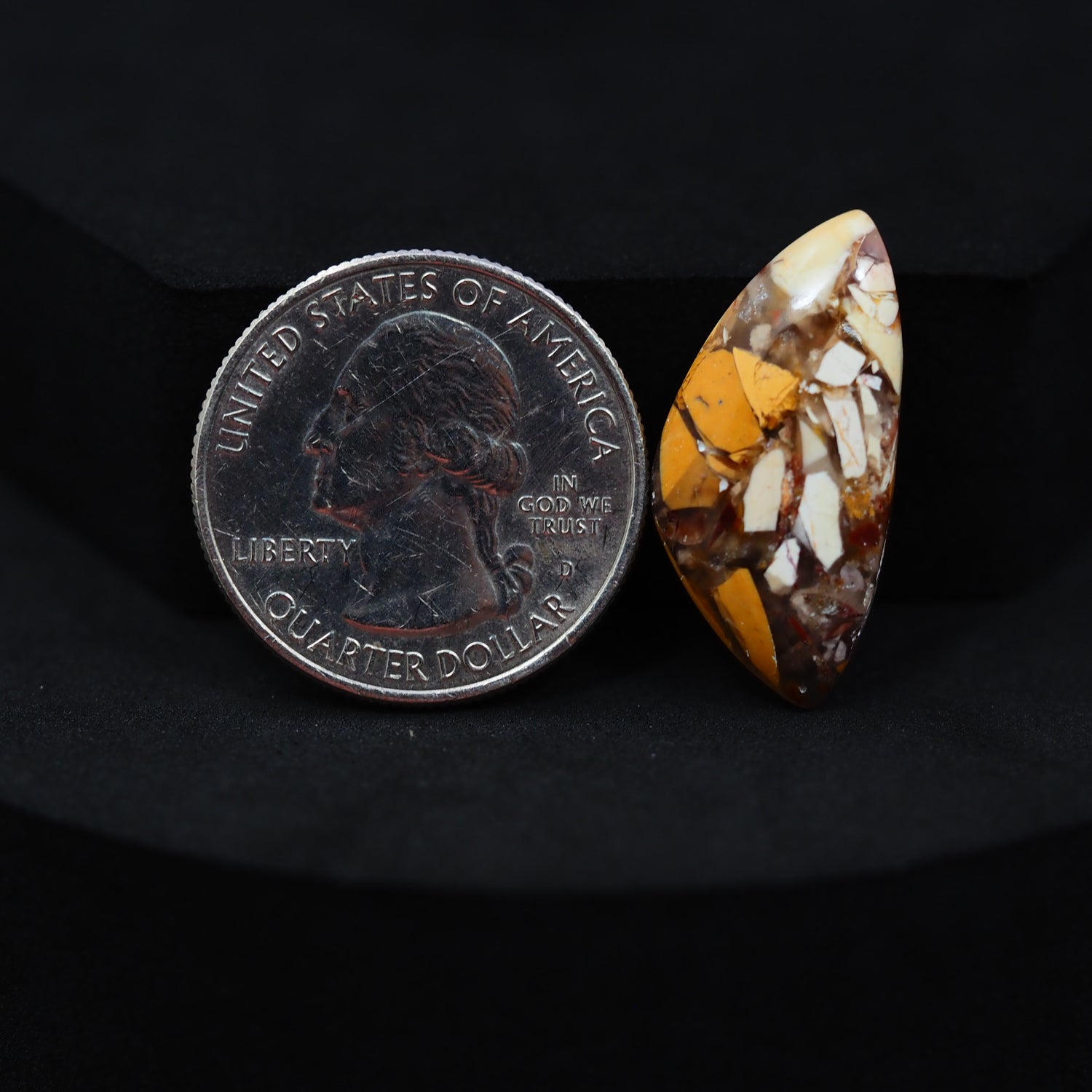 Natural Brecciated Mookaite jasper cabochon 26x15mm freeform front view golden brown cream brecciation Pedra Gems