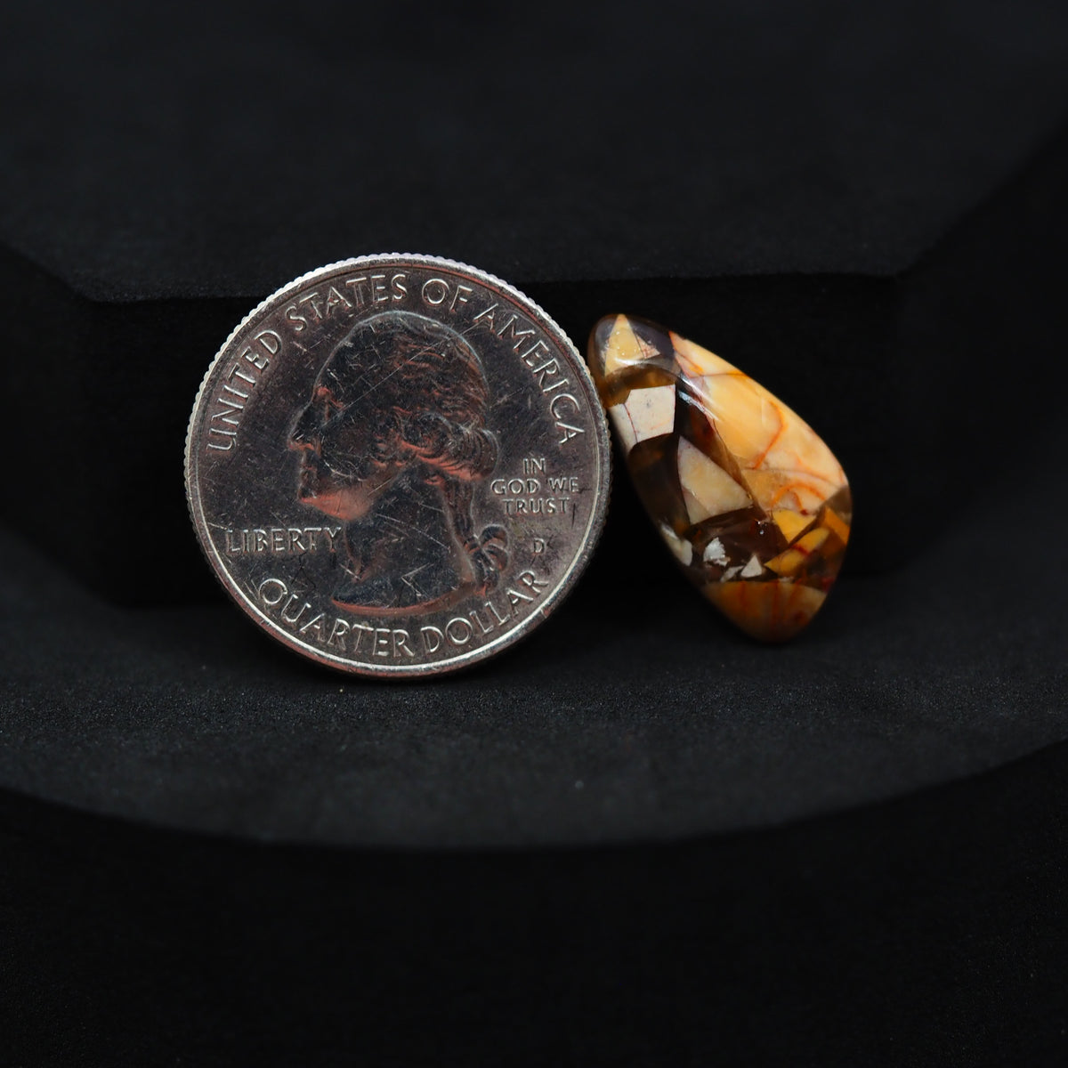 Natural Brecciated Mookaite jasper cabochon 21x11mm freeform front view golden brown cream brecciation Pedra Gems