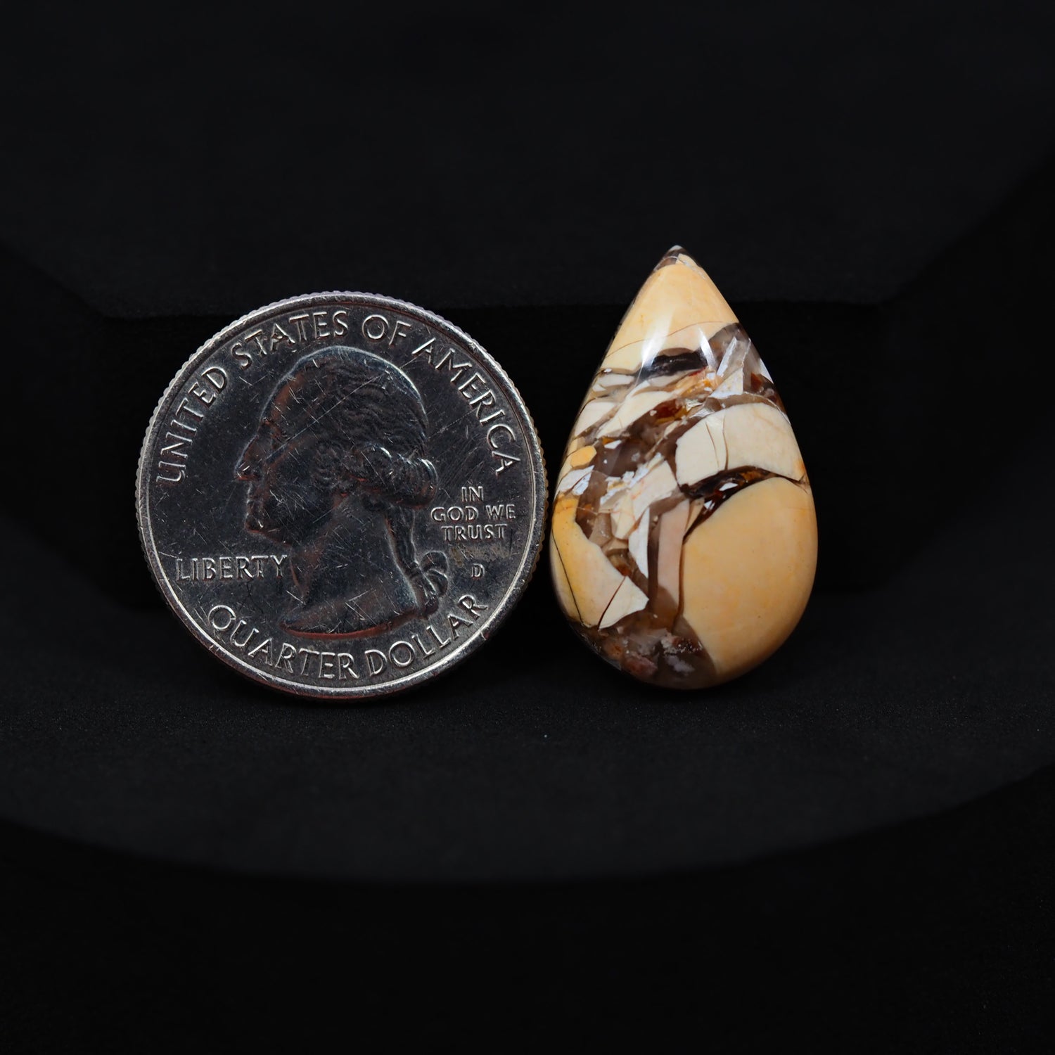 Natural Brecciated Mookaite jasper cabochon 26x16mm pear front view golden brown cream brecciation Pedra Gems